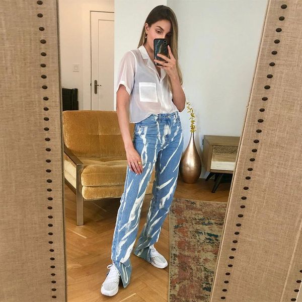 

women's jeans weiyao graffiti striped straight for women preppy style y2k streetwear joggers female spilt high waist denim pants 90s, Blue