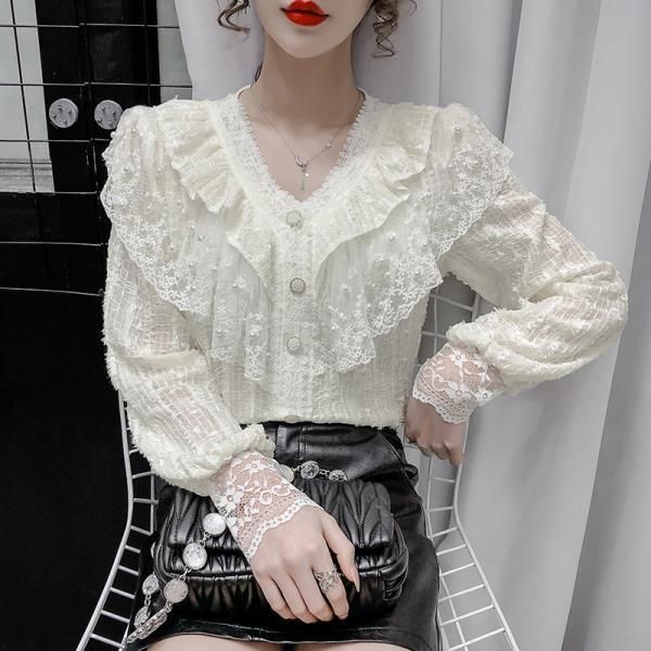 

women's blouses & shirts blouse women 2021 spring lace hollow out v-neck long sleeve ruffle blusas mujer de moda, White