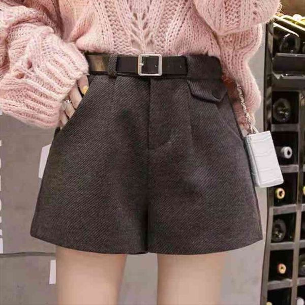 

women autumn winter fashion woolen shorts female warm casual short pants ladies high waist wide leg a-line shorts z459, White;black