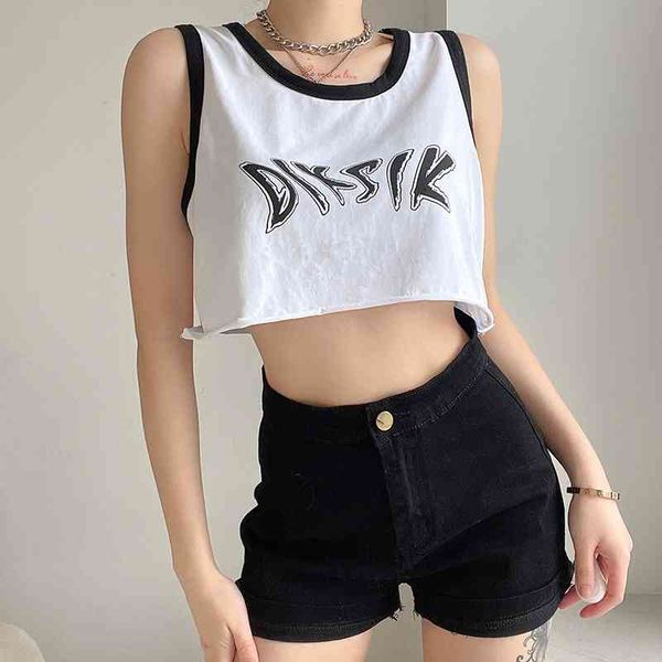 

summer women's black and white contrast loose vest round neck casual sleeveless t-shirt y2k crop 210602