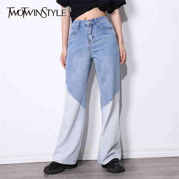 

straight denim trousers for women high waist hit color casual loose full length pants female fashion clothing 210521, Blue
