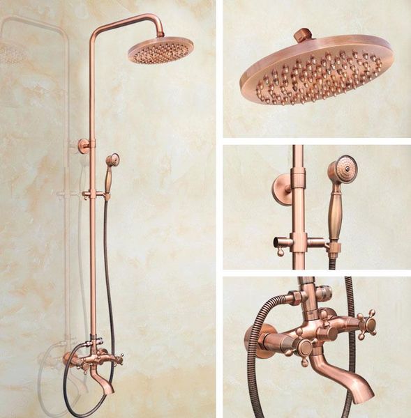 

antique red copper brass dual cross handles bathroom 8" round rain shower head faucet set tub mixer tap wall mounted mrg513 sets