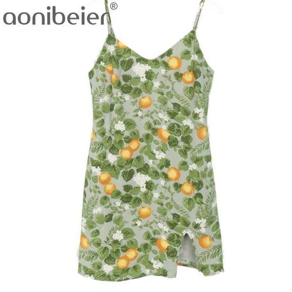 Kadın Kolsuz Meyve Baskı Rahat Yan Bölünmüş Mini Yaz Elbiseler Tatlı Kızlar Düz Spagetti Kayışı Şifon Elbise 210604