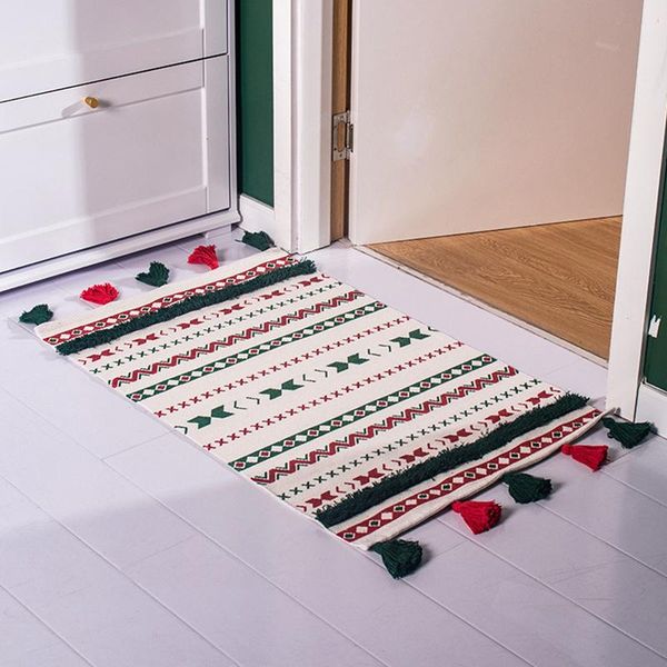 

carpets nordic hand woven cotton yarn colorful tassels area rug christmas print tufted retro geometry carpet living room antiskid mat
