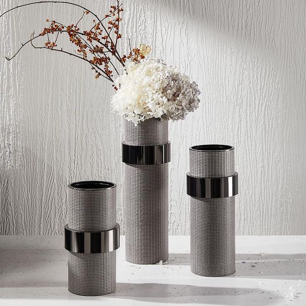 

vases modern gray woven leather flower model house sales office ring stainless steel counter home decoration ornaments