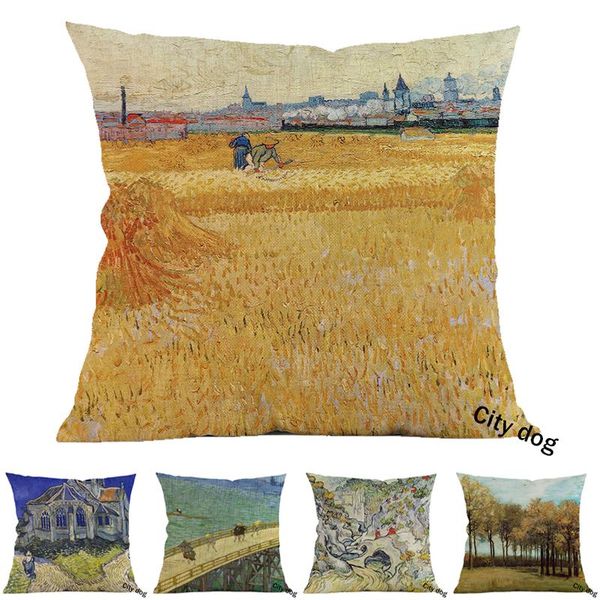 

cushion/decorative pillow painter painting art arles view from the wheat fields cotton and linen square case cushion cover home sofa pillowc