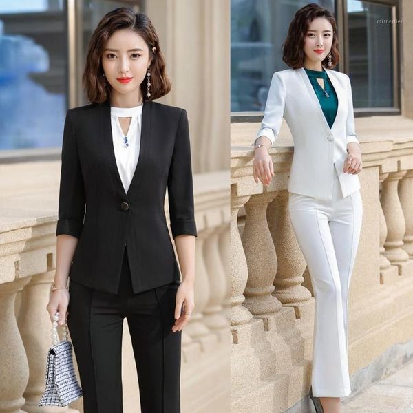 

formal ladies pant suits for women business work wear black blazer and jacket sets half sleeve women's two piece pants, White