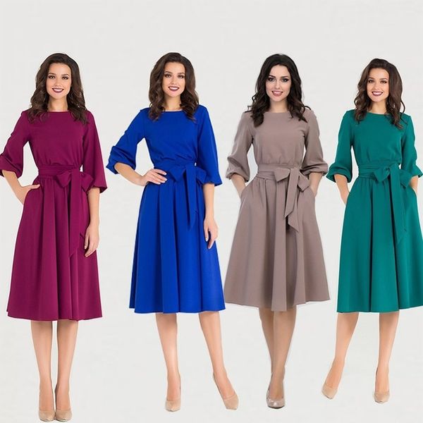 

high waist a line chic dress for women elegant three quarter sleeve ladies tie neck party beach es 210428, Black;gray