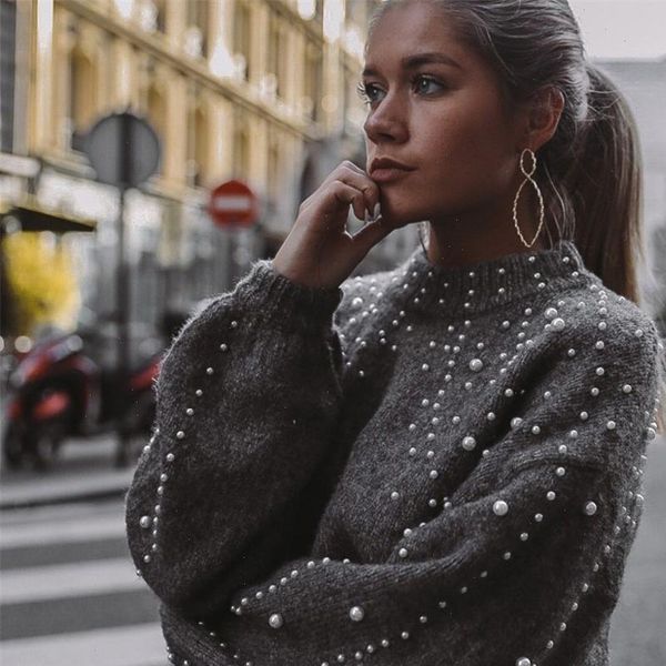 

women sweaters pearl turtleneck winter knitted sweater lantern sleeve loose gray pullover female soft warm autumn casual jumper 1011, White;black
