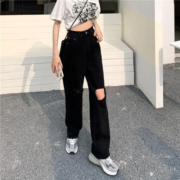 

women's pants & capris black straight-leg mopping the floor wide-leg ripped jeans summer korean style high-waist trousers, Black;white