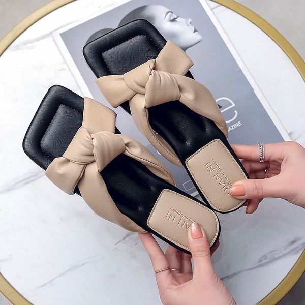 

slippers designer women shoes square toe womens quality pu leather ladies summer slides flats open, Black