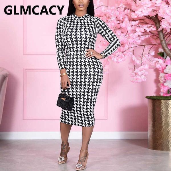 

women houndstooth printed long sleeve slim dress elegant bodycon pencil midi dresses 210702, Black;gray