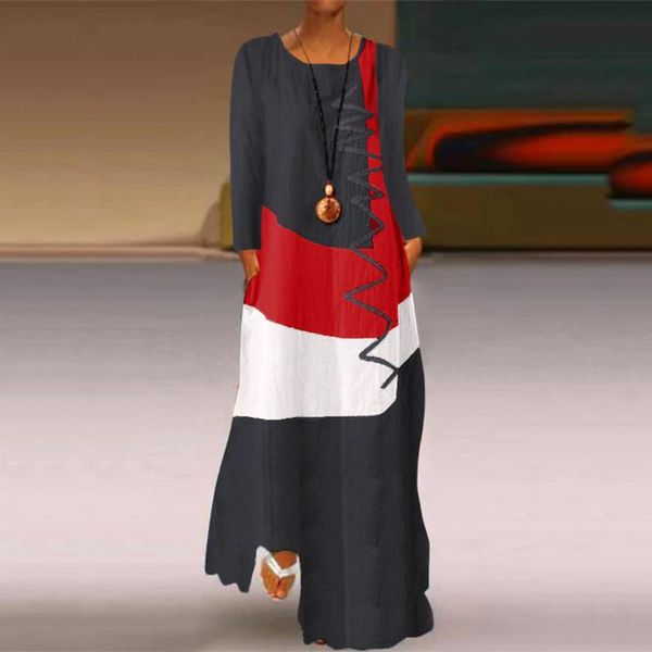 

casual dresses 2021 vintage color stitching maxi dress women's summer sundress o-neck long sleeve vestidos beach robe femme#w3, Black;gray