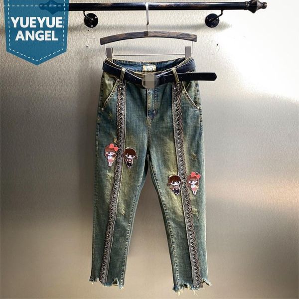 

fashion beading appliques retro women jeans high waist harem pants loose straight trousers streetwear casual female denim women's, Blue