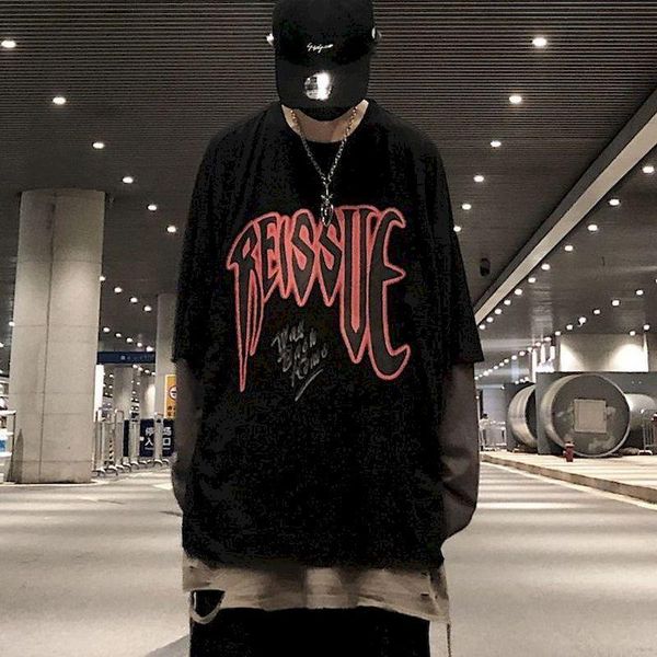 

men's t-shirts gothic punk clothes fake two piece t-shirt men and women couple plus size long-sleeved vintage letter print dark high st, White;black