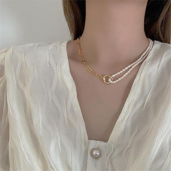 

chains 2021 korea trendy vintage baroque freshwater pearl metal chain necklace for women engagement wedding chic aesthetic jewelry, Silver