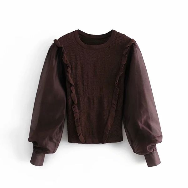

women fashion ruffle yarn stitching puff sleeves sweater female retro pullovers chic 210520, White