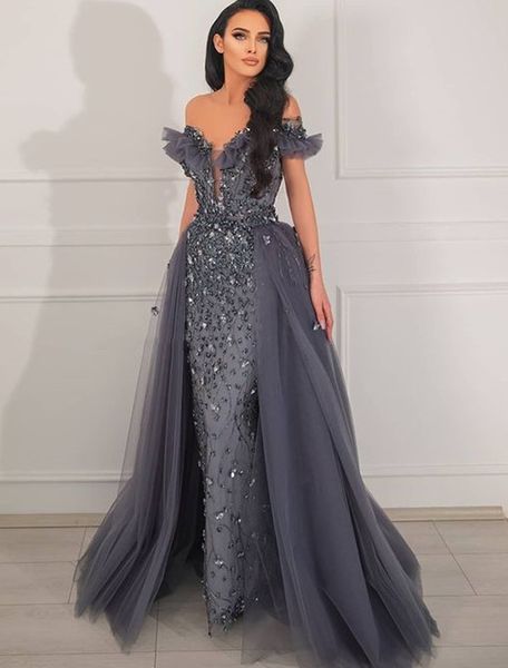

2021 plus size arabic aso ebi grey luxurious prom dresses beaded sheath detachable train evening formal party second reception gowns zj466, Black