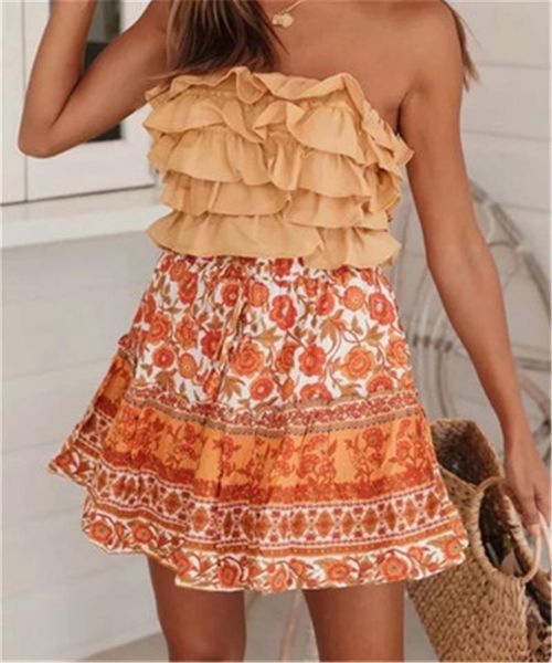 

skirts pleated style mini female country holdiay clothes flowers printed women high waist stripe ruffles, Black
