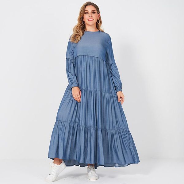 

casual dresses summer women long dress fashion sweet pure blue color o-neck pleated cake loose large size big swing sleeve, Black;gray