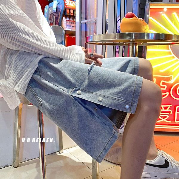 

men's jeans high street wide leg for men trendy washed straight side breasted shorts oversize loose overalls pocket pants summer, Blue