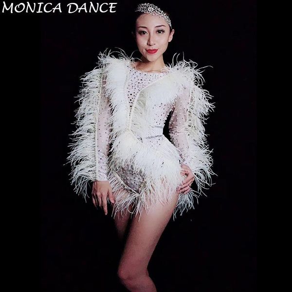 

women's jumpsuits & rompers women stage crystals pearls feather fringes bodysuit birthday celebrate nightclub dj female singer show bod, Black;white