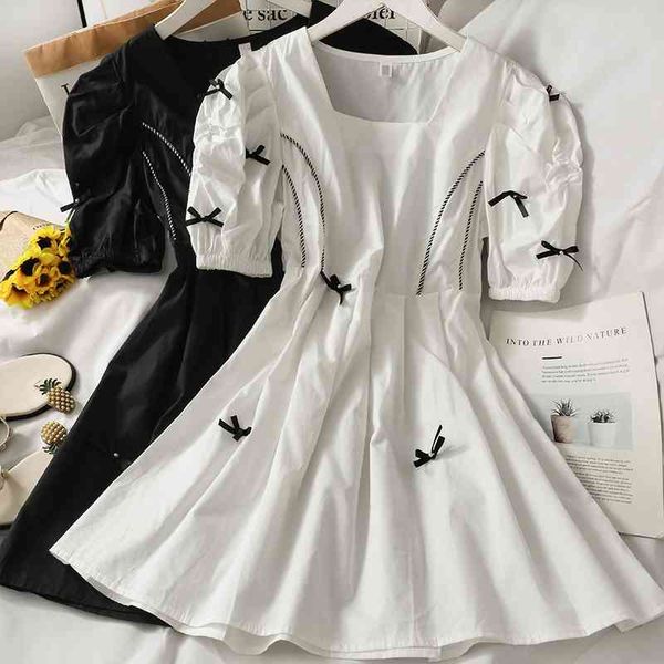 

casual dresses korean bowknot decorated with beaded puff sleeves high waist a-line dress women's square collar vintage mini vestid, Black;gray