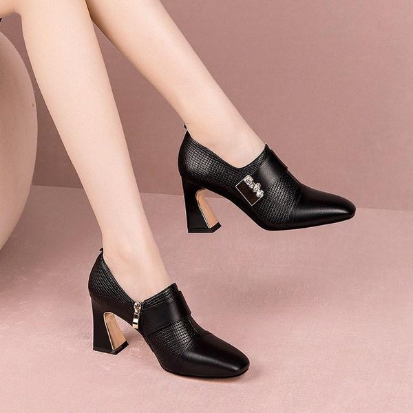 

dress shoes 2021 autumn chunky square head deep-mouth thin women's leather fashion comfortable high-heeled, Black