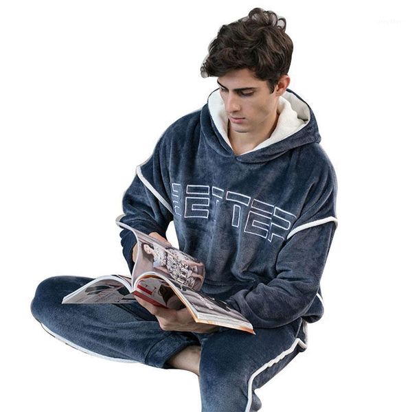 

men's sleepwear pijama masculino de flanela com capuz, casal grosso e quente, terno largo duas peÃ§as, novo, 2021, Black;brown