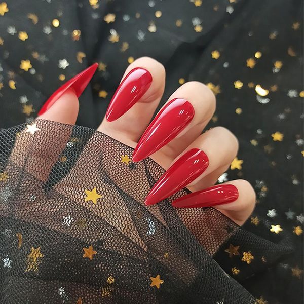 

24pcs fake nails tips long coffin solid color stiletto press on diy nail art full cover acrylic artificial false set kit, Red;gold