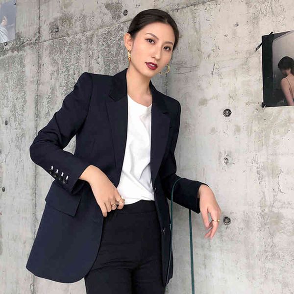 

women's suits & blazers [eam] women dark blue brief temperament blazer lapel long sleeve loose fit jacket fashion spring autumn 2022 1y, White;black