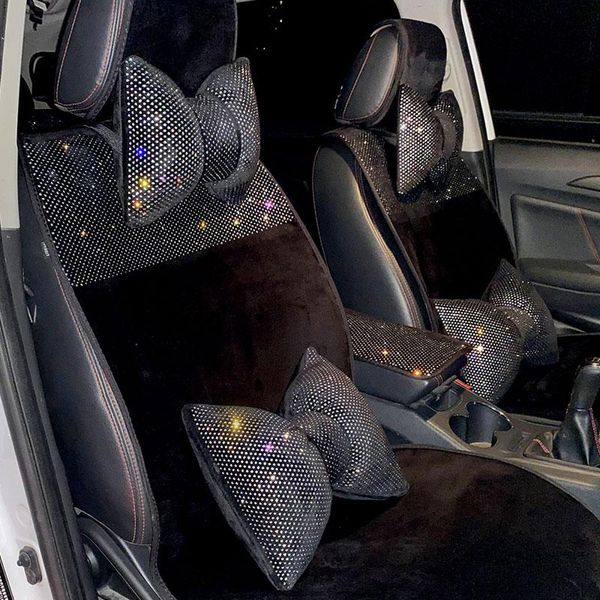 

seat cushions fashion car head neck pillow rhinestone bling headrest plush waist supports diamond bow rest back lumbar women