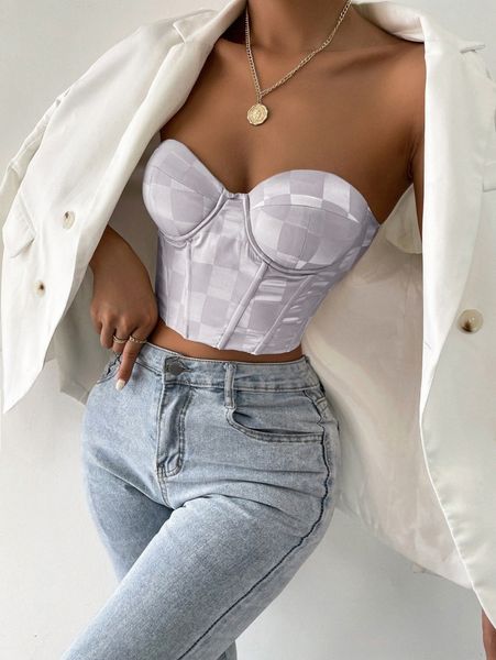 

checker print grommet lace up back crop tube 39es#, White