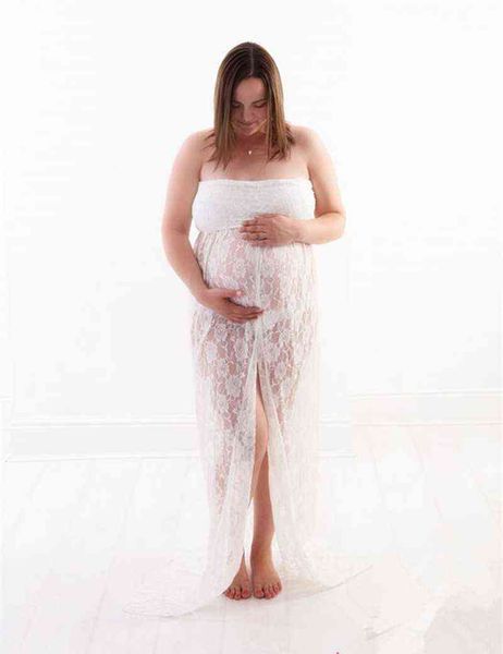 

maxi maternity pgraphy dress rose pattern lace maternity dress open front maternity gown high slit pregnant dress g220309, White