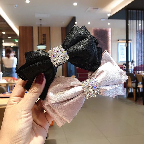 

2021 korean simple exquisite rhinestones bow spring clip temperament sweet girl women fashion barrettes hair accessories, Slivery;white