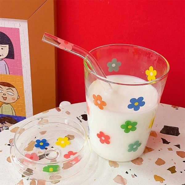 

wine glasses high borosilicate glass colorful flower coffee mug with straw and lid creative transparent drinking milk tea cups drinkware