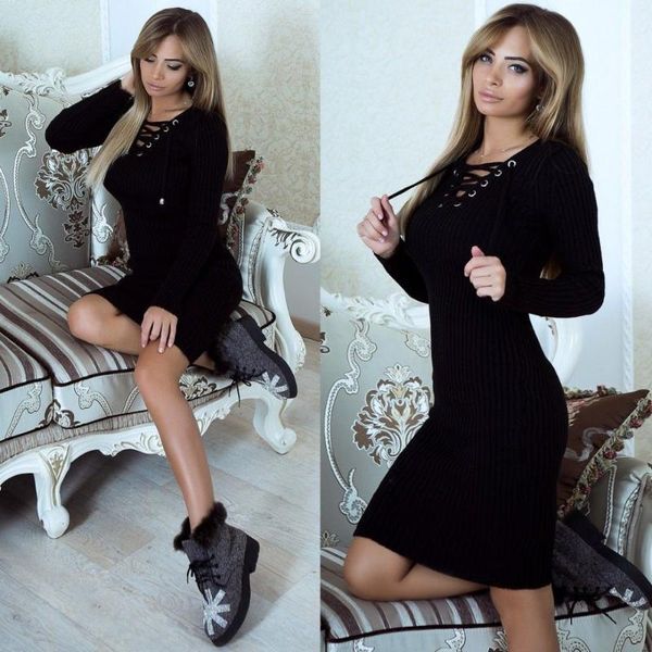 

spring women sweater dress autumn bodycon pullover plain lace-up hollow knitting girls fashion vestidos casual dresses, Black;gray