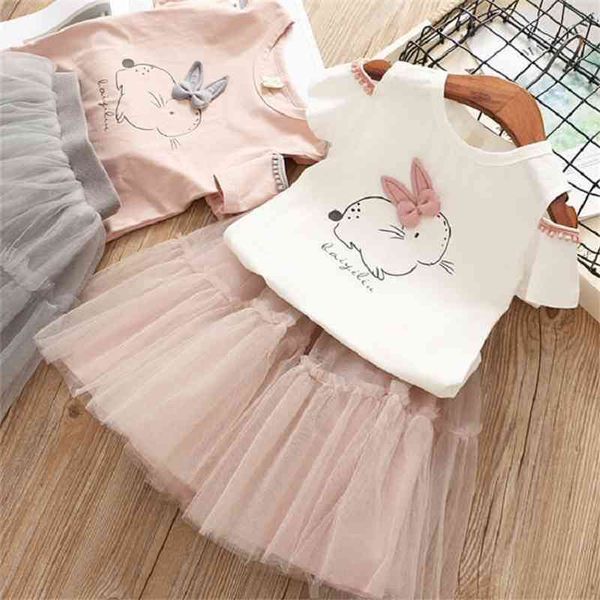Yaz Bebek Kız Tavşan T-Shirt Kabarcık Tutu Etekler 2 adet Giyim Seti-Omuz Kısa Kollu Gömlek Prenses Elbise 210326