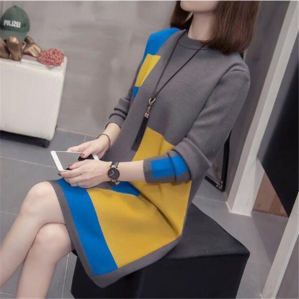

casual dresses puls size women autumn winter knit dress long sleeve o-neck loose temperament sections ol office lady bottoming, Black;gray