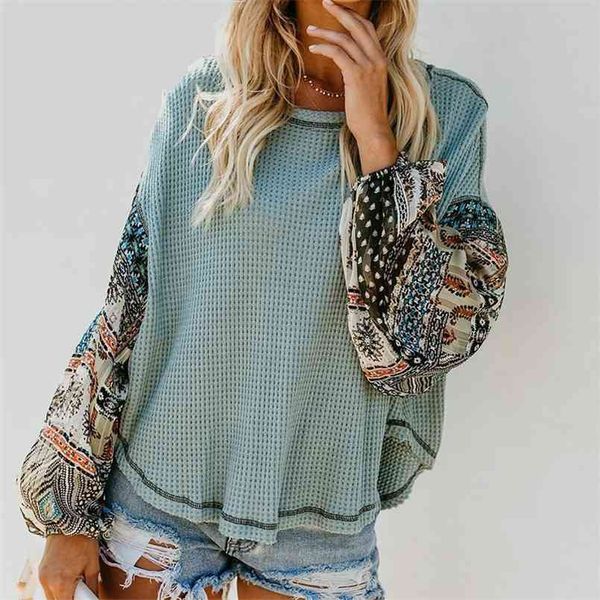 PEONFLY Frauen Pullover Gestrickte Pullover Boho Gedruckt Lange Glocke Hülse O-ansatz Pullover Lose Jumper Weibliche Streetwear Roupas 210806