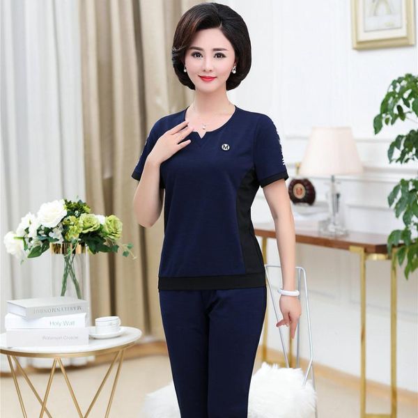 

middle aged women summer 2 pieces suit set navy blue coffee khkai short sleeve t-shirt and cropped pant tracksuit mother twinset women', Gray