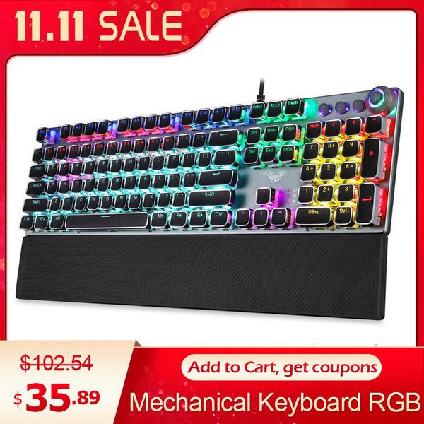

keyboards aula f2088 mechanical gaming keyboard 104 punk keys removable hand rest multimedia knob rgb anti-ghosting wired games