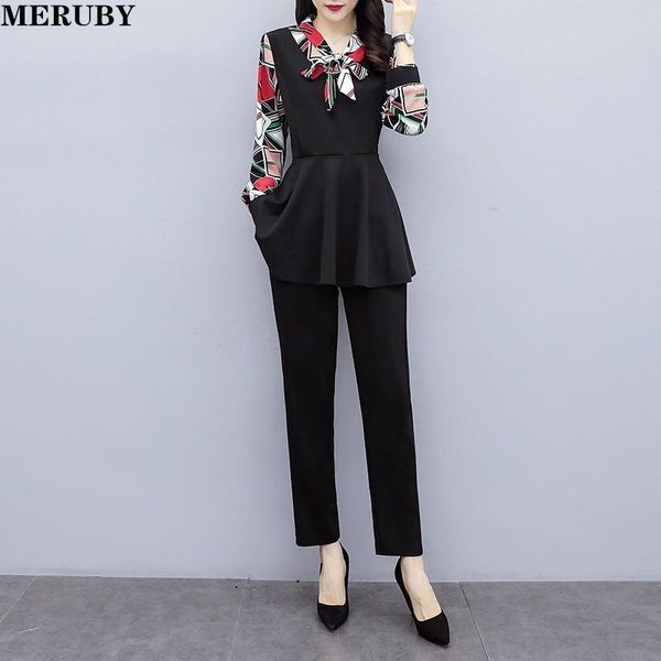 

women's two piece pants autumn elegant set women plus size suit ol long sleeve printed lace up + elastic waist outfits 2021, White