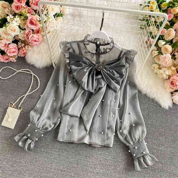 

spring autumn chiffon shirt women stand-up collar bow tie ruffled lantern sleeve bottoming c086 210506, White