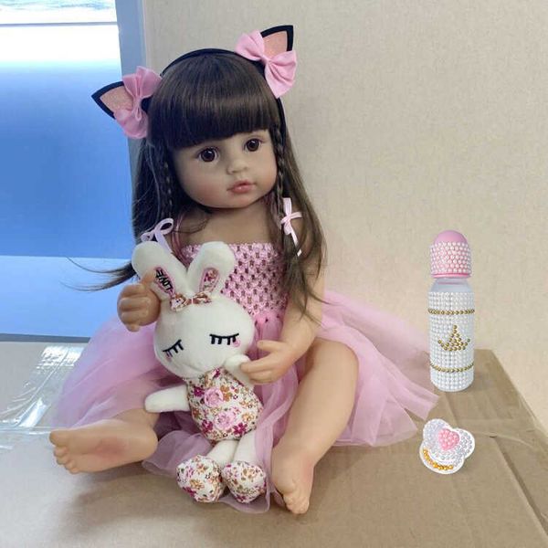 55см реальный размер оригинальный NPK Bebe кукла Reborn Toddler девушка розовая принцесса ванна игрушка очень мягкий полный тело силиконовые девушки кукла кукла Surprice Q0910