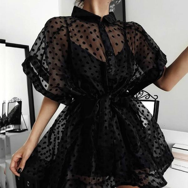 

two piece dress mini dress of two transparent pieces, loose polka dots and spaghetti straps, for women bsv1, White