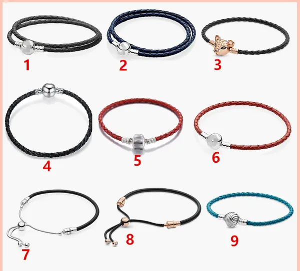 Pulseiras de malha de prata esterlina 100% 925 para mulheres, faça você mesmo, joias, amuletos Pandora, princesa, leão, ouro rosa, vermelho, preto, azul, corda de couro, dupla, presente feminino, com caixa original