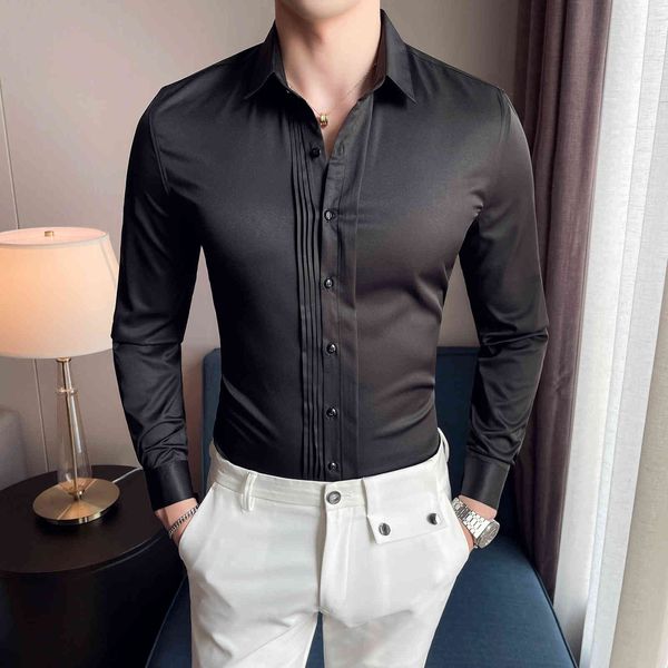 

men's casual shirts long sleeved shirt, front pleated tight british style, casual, evening , fashion, autumn, 2021, White;black