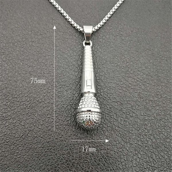 

chains hippie gold color iced out bling music microphone pendant necklaces hip hop jewelry for men stainless steel chain drop, Silver