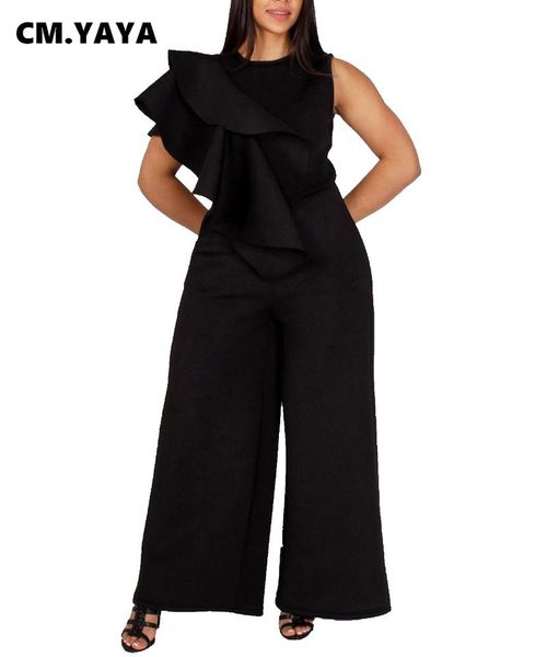 

plus size pants cm.yaya women jumpsuit sleeveless ruffles back zip loose wide leg jumpsuits fashion one piece overalls summer outfit